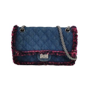Chanel 2.55 Double Flap Medium Denim Tweed Edges Silver Hardware