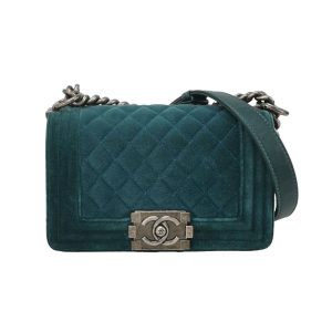 Chanel Le Boy Dark Small Green Velvet Antiqued Silver Hardware