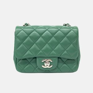 Chanel Classic Flap Mini Square Dark Green Lambskin Crossbody Bag Full Set, 2019