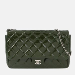 Chanel Envelope Clutch with Chains Shoulder Bag Dark Green Patent Leather