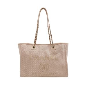 Chanel Deauville Tote Light Pink Cloth Leather Chain Strap Small 34cm