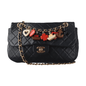 Chanel Classic Flap Medium Black Lambskin Leather Valentine Marine Charms