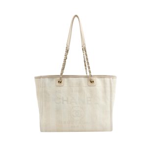 Chanel Deauville Tote Light Beige Stripes Cloth Leather Chain Handle Small 34cm