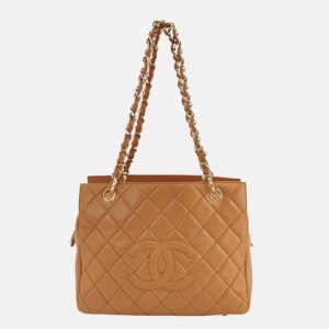 Chanel Petite Shopping Tote PTT 2002 Caramel Caviar Leather Gold-Tone Chain Shopping Bag
