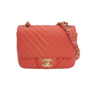 Chanel Classic Flap Square 2019 Coral Orange Chevron Lambskin Leather Bag