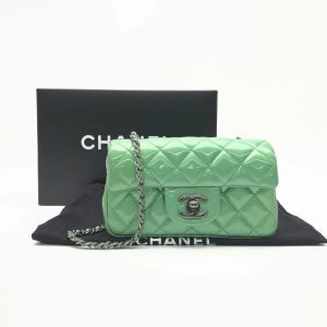 Chanel Classic Flap Super Mini Green Patent Leather Silver Chain