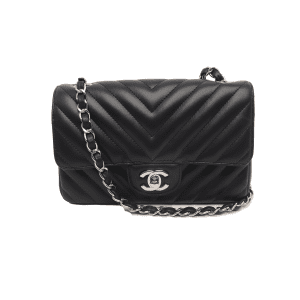 Chanel Classic Flap Mini Chevron Quilted Black Lambskin Silver Hardware