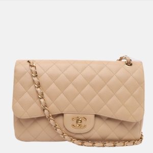 Chanel Classic Flap Jumbo 2010 Beige Caviar Leather Doublr Flap Gold Hardware