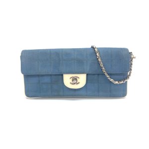 Chanel East West Chocolate Bar Blue Denim Beige Leather Piping Silver Hardware