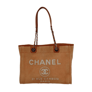 Chanel Deauville Tote Light Orange Denim Leather Trim Small 32cm
