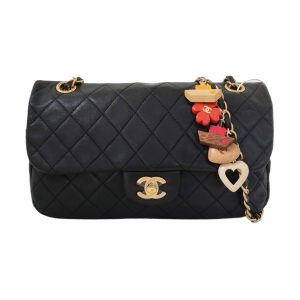 Chanel Classic Flap Medium Black Lambskin Leather Valentine Marine Charms