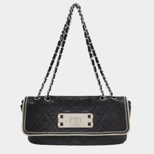 Chanel East West Mademoiselle Flap Bag 2008 Medium Black Leather Shoulder Bag