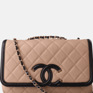 Chanel Filigree Flap Bag Caviar Leather 2017 Small Beige with Black Trim