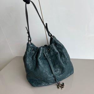 Chanel Bucket Bag Medium Dark Green Calfskin Leather Silver Hardware