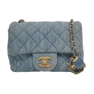 Chanel Classic Flap Mini Square Blue Denim Jeans Gold Hardware Microchip