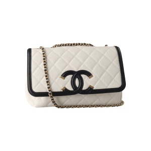 Chanel Filigree Flap Bag Caviar Leather Small White with Black Trim