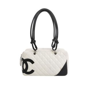 Chanel Cambon Medium Shoulder Bag White Calfskin Leather Black Double Strap