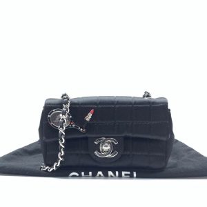 Chanel Extra Mini Flap Bag Black Satin Choco Bar Lipstick Mirror Crossbody, 2005