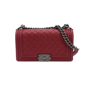 Chanel Le Boy Medium Bag Burgundy Lambskin Leather Silver Antiqued Hardware