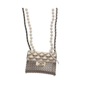 Chanel Micro Flap Bag Charm Chain Long Necklace with Matelasse and Pearl Chain 102cm