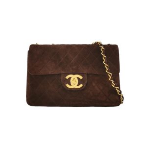 Chanel Classic Flap Maxi Chocolate Brown Suede Leather Giant Gold CC Logo