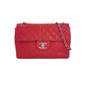 Chanel Classic Flap Maxi Red Caviar Leather Silver-tone Hardware Giant CC Logo