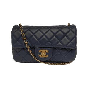 Chanel Classic Flap Rectangular Mini Navy Lambskin Pearl Crush Adjustable Gold Ball Chain