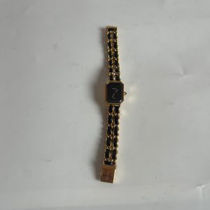 CHANEL 1987 Vintage PREMIERE Watch L Black Leather and 24KT Yellow Gold Plated