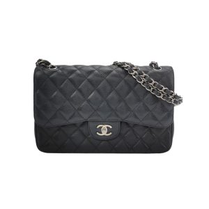 Chanel Classic Flap Jumbo Black Caviar Leather Double Flap Silver Hardware