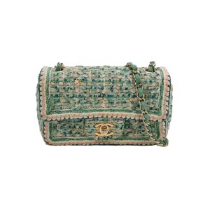 Chanel Classic Flap Mini Rectangular Tweed Green Multicolor Gold Hardware 2018-19