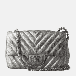 Chanel Classic Flap Mini Rectangular Patent Metallic Crumpled Calfskin Chevron Quilted Silver