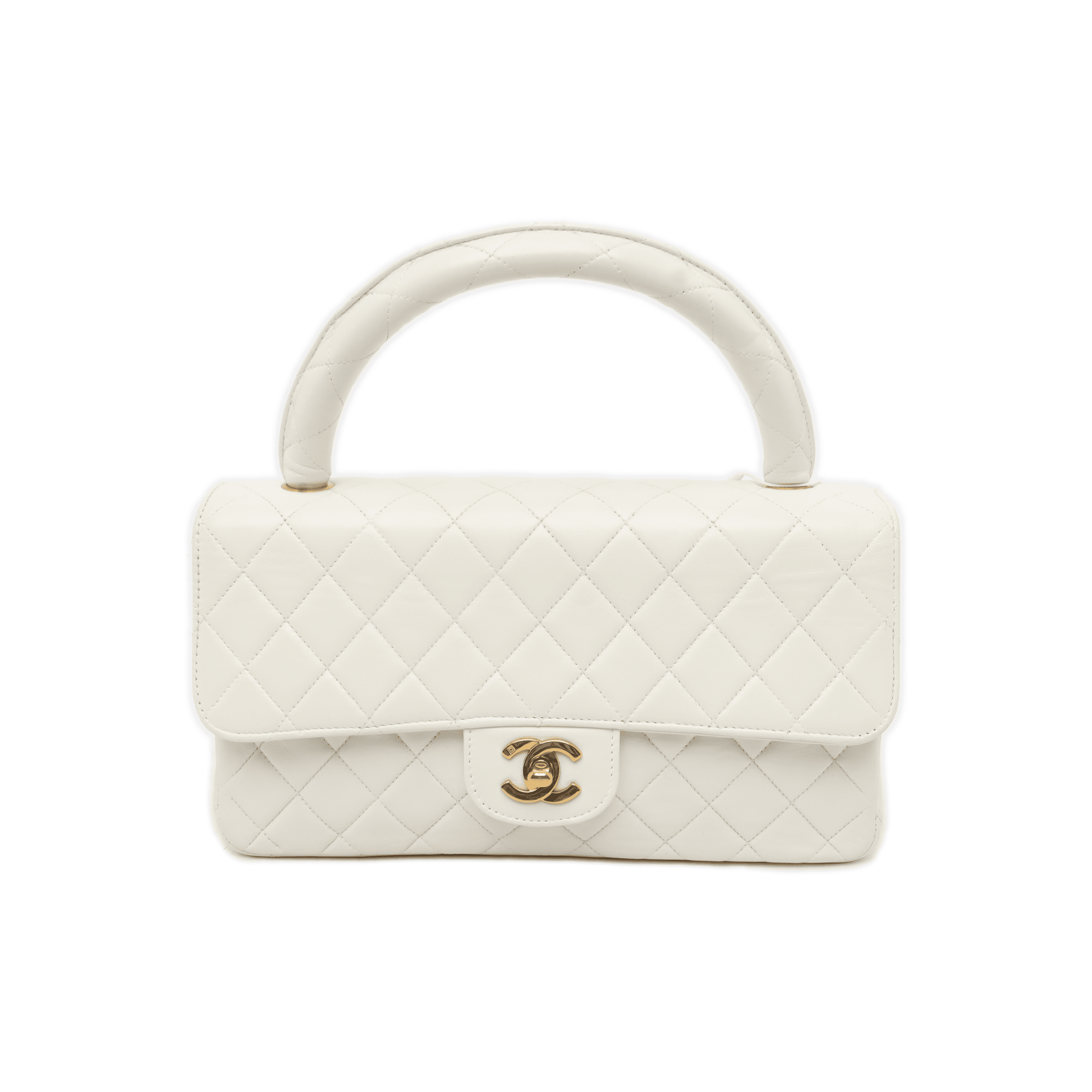 Chanel Kelly Parent Top Handle Flap Bag Medium White Lambskin Leather Gold Hardware 1991-1994