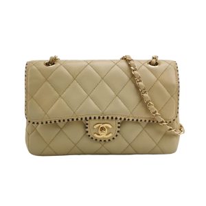 Chanel Classic Flap Medium Happy Stitch Beige Leather with Contrast Black Trim