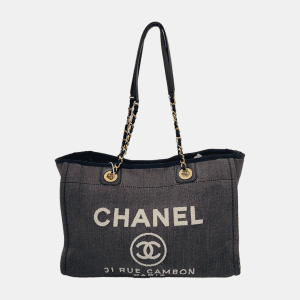 Chanel Deauville Tote Navy Denim Cloth Leather Chain Strap Gold Hardware Medium 30cm