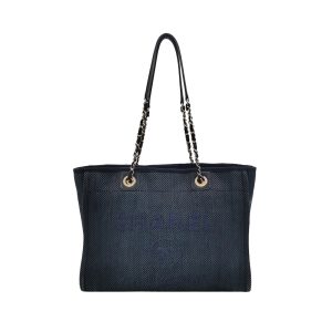 Chanel Deauville Tote Navy Denim Cloth Leather Chain Strap Small 34cm