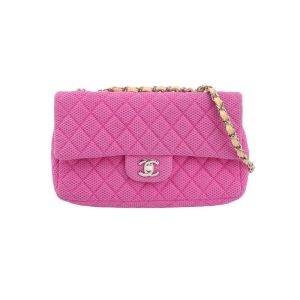 Chanel Flap Bag Medium Pink Perforated Fabric Yellow Patent Leather Stap 2009-2010