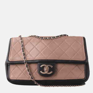 Chanel Classic Flap Bag Calfskin Leather 2014 Medium Nude Pink with Black Trim