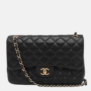 Chanel Classic Flap Jumbo 2010 Black Lambskin Leather Double Flap with Gold Hardware