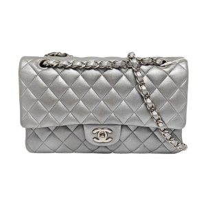 Chanel Classic Flap Medium Silver Grey Lambskin Leather Silver Hardware