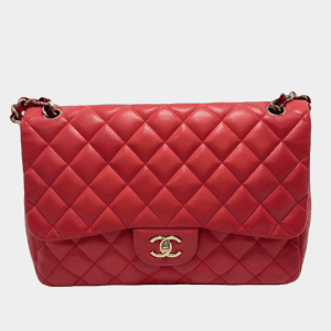 Chanel Classic Flap 2009 Large Red Leather Gold Hardware Velvet Chain Matelasse Strap