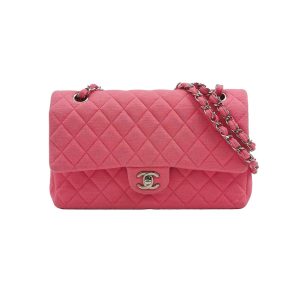 Chanel Classic Flap Medium Double Flap Pink Cotton Fabric Silver Hardware