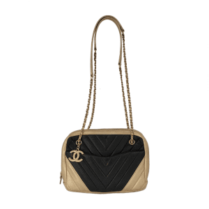 Chanel Camera Bag Chevron Stitching Black Gold Lambskin Leather Double Gold Chain, 2014
