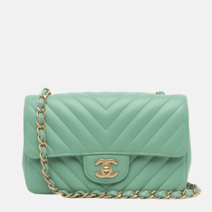 Chanel Classic Flap Mini Chevron Green Lambskin Leather Gold Hardware, 2018-2019