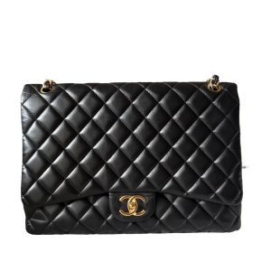 Chanel Classic Flap Maxi Black Lambskin Leather Double Flap with Gold-tone Hardware