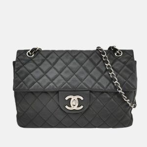 Chanel Classic Flap Maxi Black Soft Caviar Leather Silver-tone Hardware Giant CC Logo