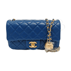 Chanel Classic Flap Rectangular Mini Blue Lambskin Pearl Crush Adjustable Gold Ball Chain
