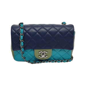 Chanel Classic Flap Rectangular Mini Tri-color Navy Blue Green Silver Hardware 2015-16