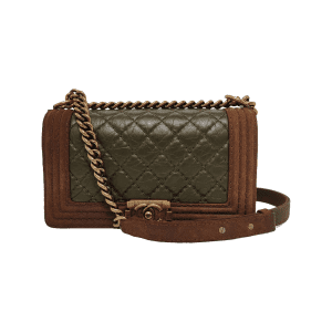 Chanel Le Boy Medium Dark Green Calfskin Brown Suede Leather Bag Gold Hardware
