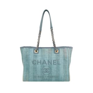 Chanel Deauville Tote Light Blue Turquoise Stripes Cloth Leather Chain Handle Small 34cm