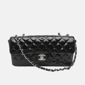 Chanel Baguette Flap Shoulder Bag Black Patent Leather Silver Double Chain